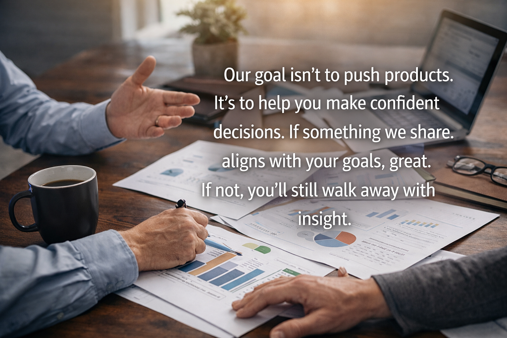 Our goal isn’t to push products. It’s to help you make confident decisions. If something we share aligns with your goals, great. If not, you’ll still walk away with insight.